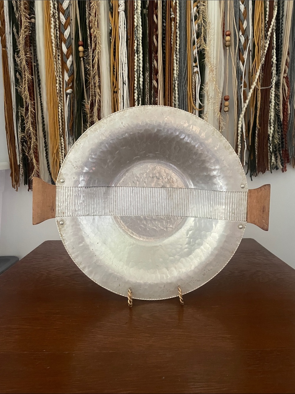 Hammered Metal Serving Platter with Wooden Handles - Silver and Brown